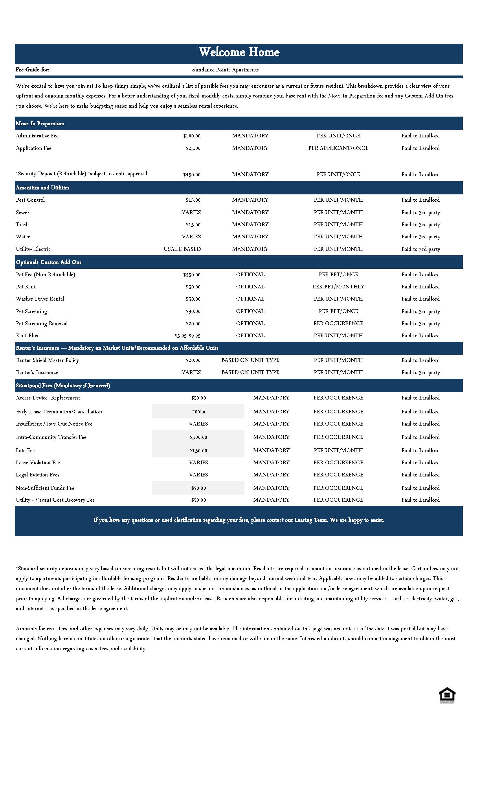 2026 Fee Sheet Sundance Pointe